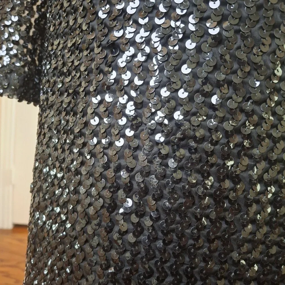 Vintage Union 70s Black Sequin Evening Gown US12 Hollywood Red Carpet Black Tie